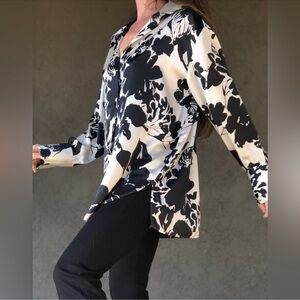 ZARA silky Black and cream abstract Floral Blouse bloggers favorite